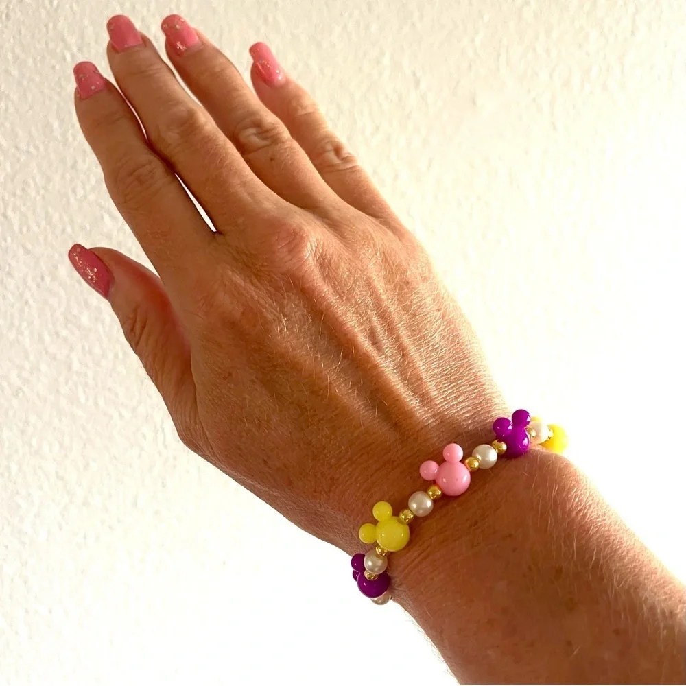 Beaded Stretch Bracelet w/ Pink, Yellow & Purple Mickey Mouse Charms and Pearls!